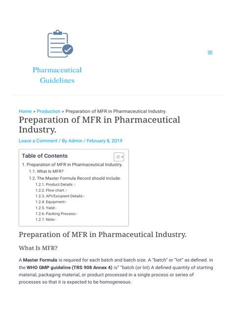 master manufacturing formula (mmf)|Preparation of MFR in Pharmaceutical Industry..